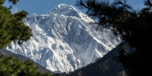 Mount Everest seen from the trail up to Namche Bazaar in Khumbu region of Nepal