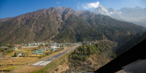 The Lukla airport seen from a helicopter in the Everest region of Nepal