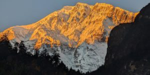 Magical view of the sunset on Annapurna II from Chame, the district headquarters of Manang on the Annapurna Circuit in Nepal
