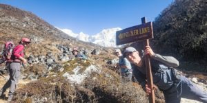 Trekkers beginning the climb to Ponkar Tal on the Manaslu circuit trek in Nepal