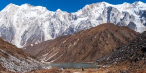 Trekkers at Ponkar Tal, there is a huge amount of 6000m peaks that can be seen from here. The Manaslu circuit trek in Nepal