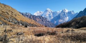 Great view from a Kharkha near the Surti glacier the peaks are Manaslu North 7157m, Manaslu 8163m, Thulagi Peak 7059m and Phungi Himal 6538m. This is a side valley to the Manaslu circuit trek in Nepal